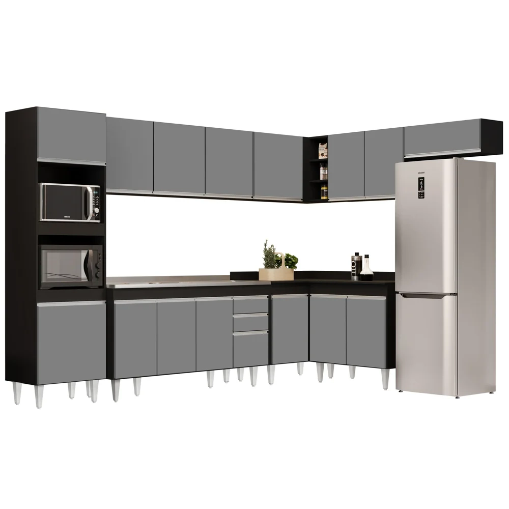 Armário de Cozinha Modulada de Canto 8 Peças CP09 Balcão com Pia Inox Preto/Cinza - Lumil