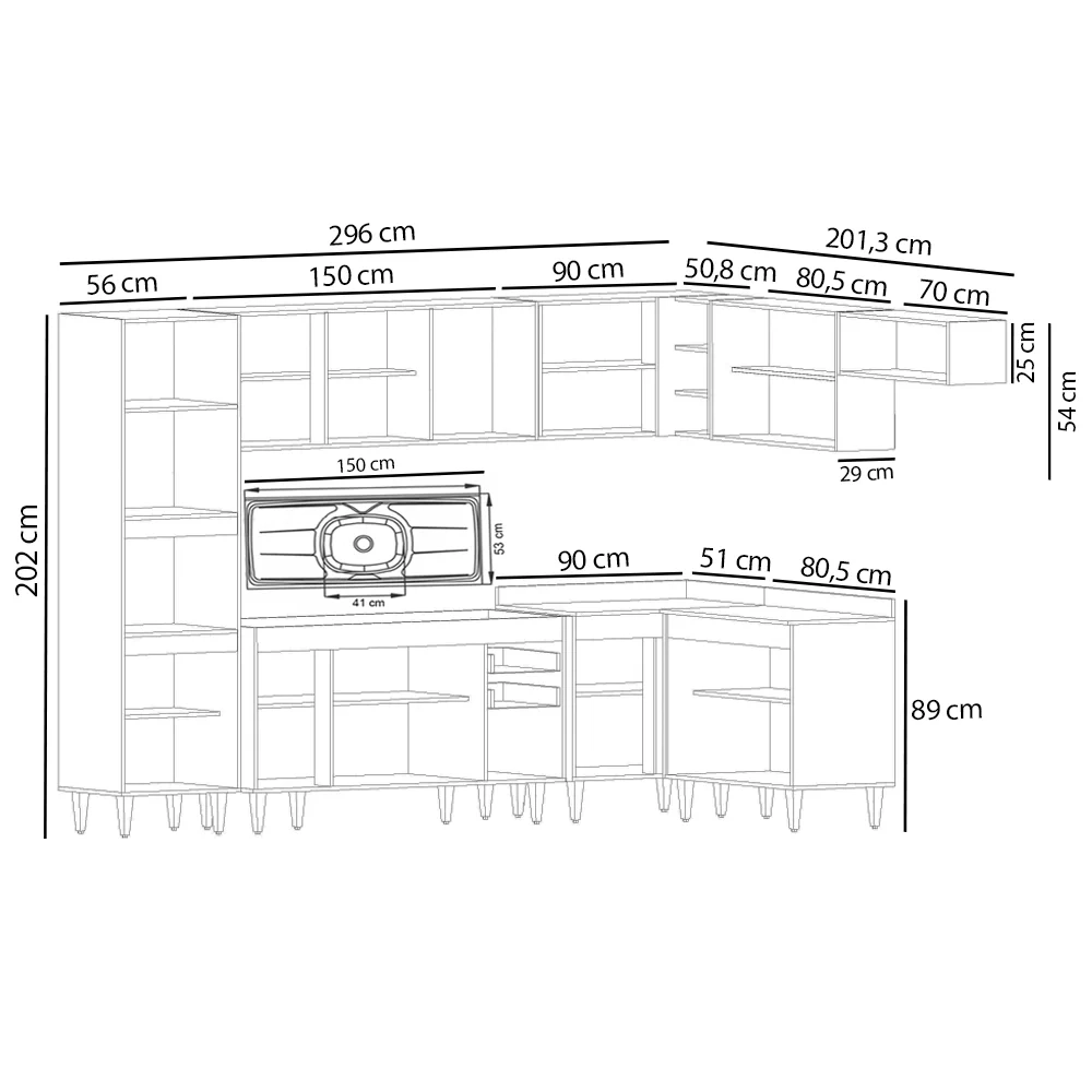 Armário de Cozinha Modulada de Canto 8 Peças CP09 Balcão com Pia Inox Preto/Cinza - Lumil
