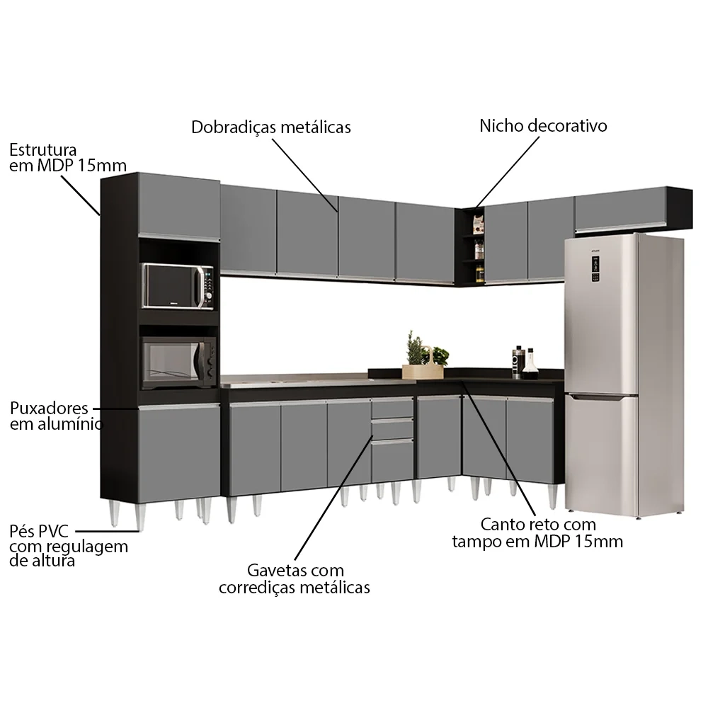 Armário de Cozinha Modulada de Canto 8 Peças CP09 Balcão com Pia Inox Preto/Cinza - Lumil