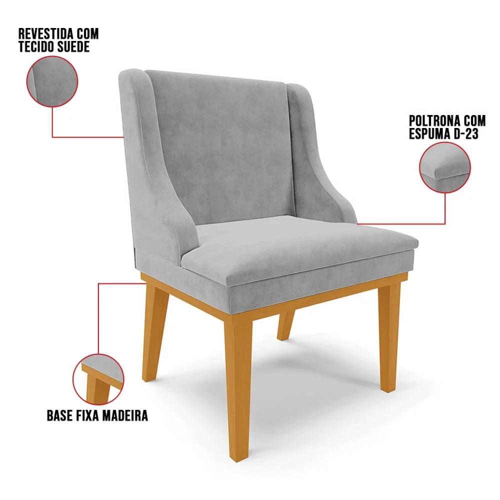 Kit 8 Cadeiras Estofadas para Sala de Jantar Base Fixa de Madeira Castanho Lia Suede Cinza - Ibiza