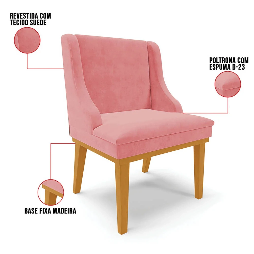 Kit 8 Cadeiras Estofadas para Sala de Jantar Base Fixa de Madeira Castanho Lia Suede Rosê - Ibiza