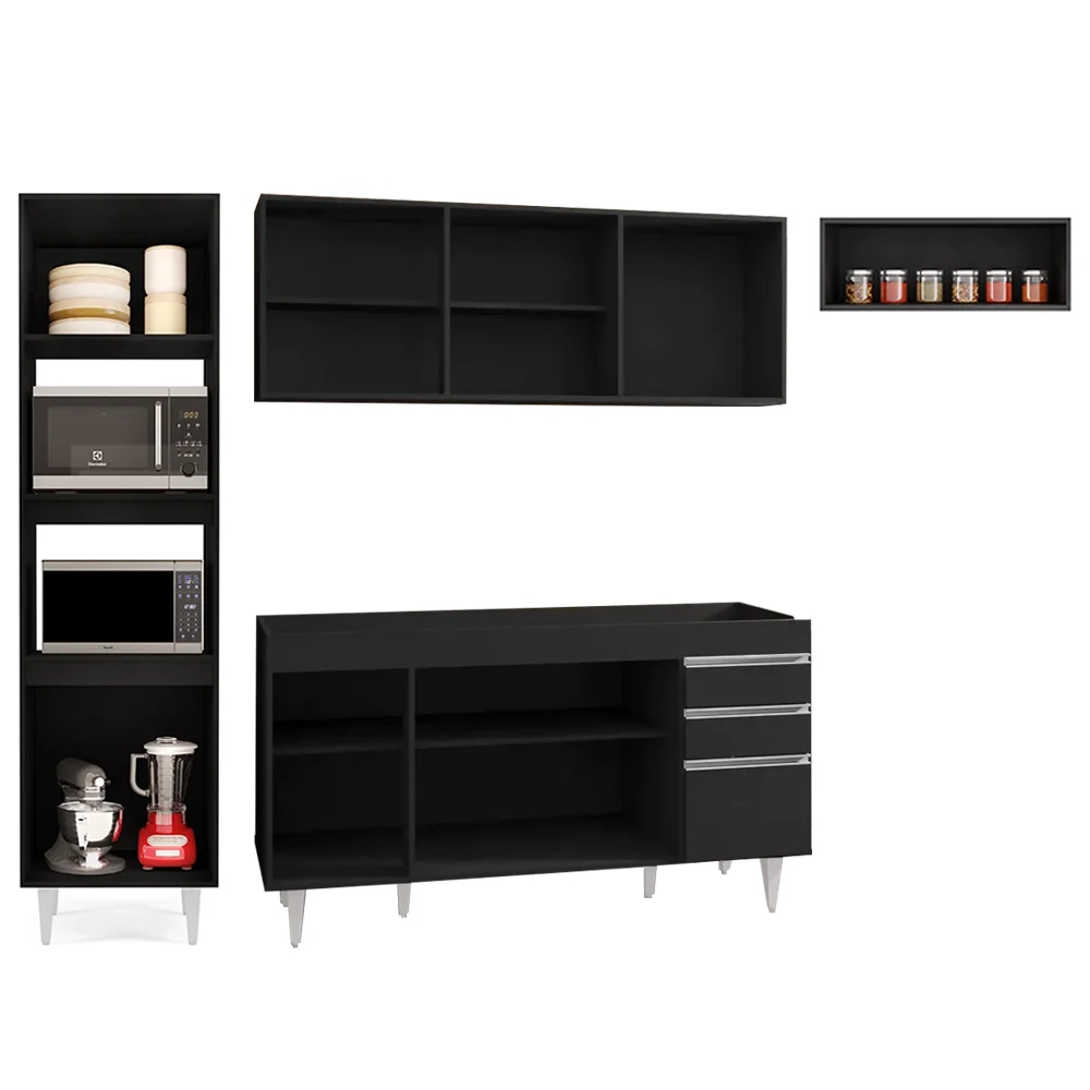 Armário de Cozinha Modulada 4 Peças CP10 Balcão Preto - Lumil