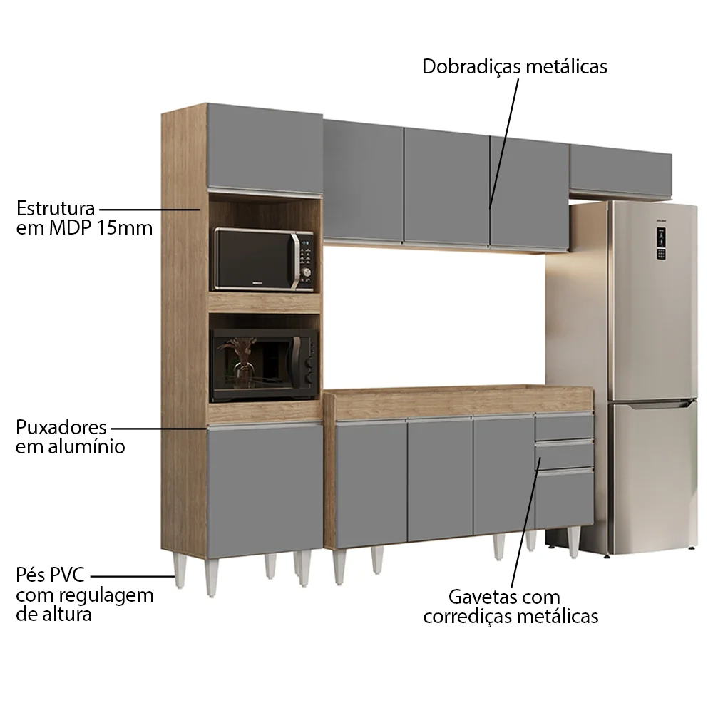 Armário de Cozinha Modulada 4 Peças CP10 Balcão Castanho/Cinza - Lumil