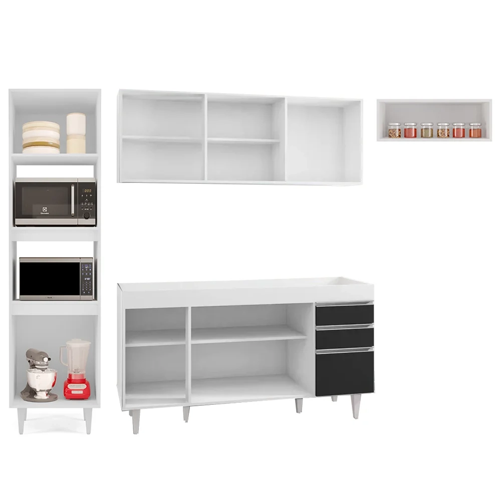 Armário de Cozinha Modulada 4 Peças CP10 Balcão Branco/Preto - Lumil
