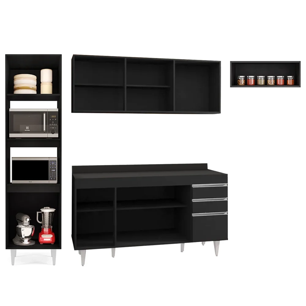 Armário de Cozinha Modulada 4 Peças CP11 Balcão com Tampo Preto - Lumil