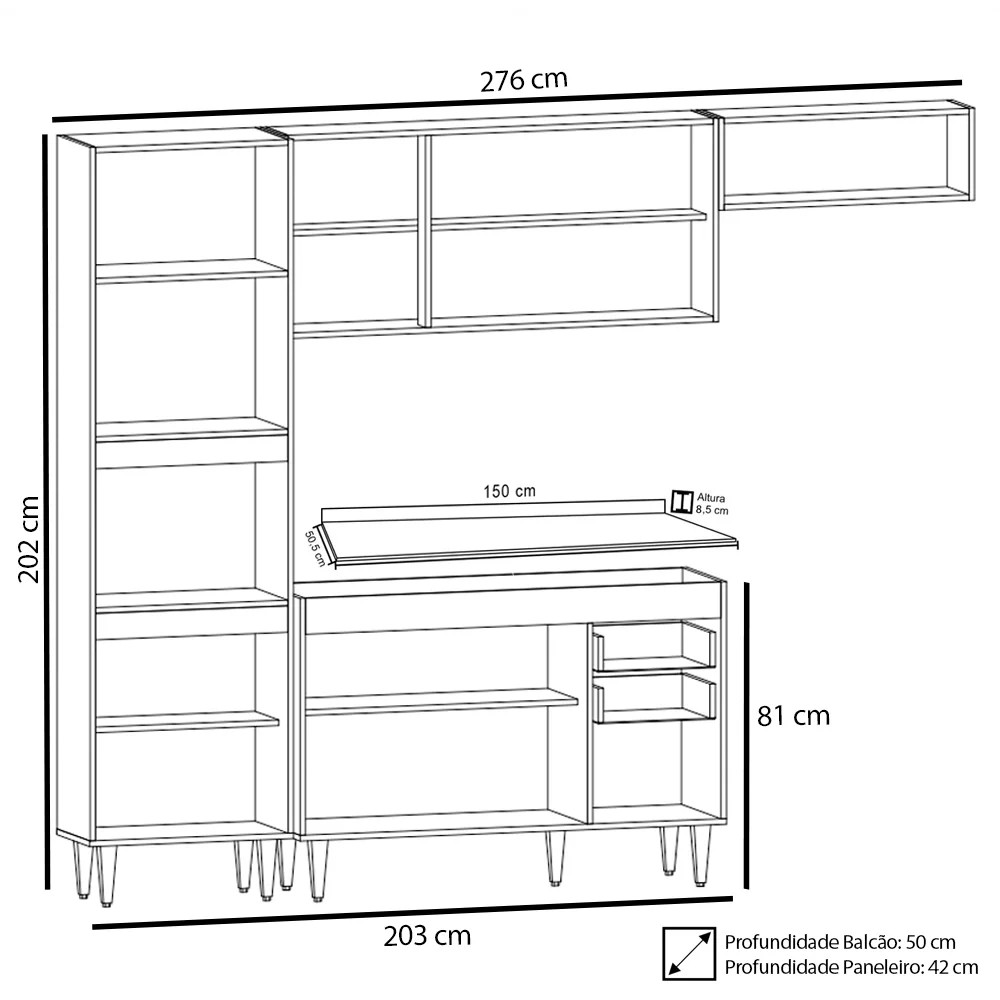 Armário de Cozinha Modulada 4 Peças CP11 Balcão com Tampo Preto - Lumil