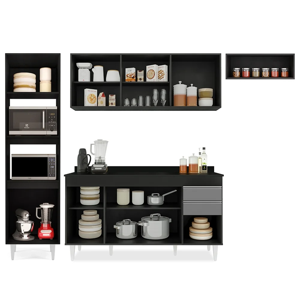 Armário de Cozinha Modulada 4 Peças CP11 Balcão com Tampo Preto/Cinza - Lumil