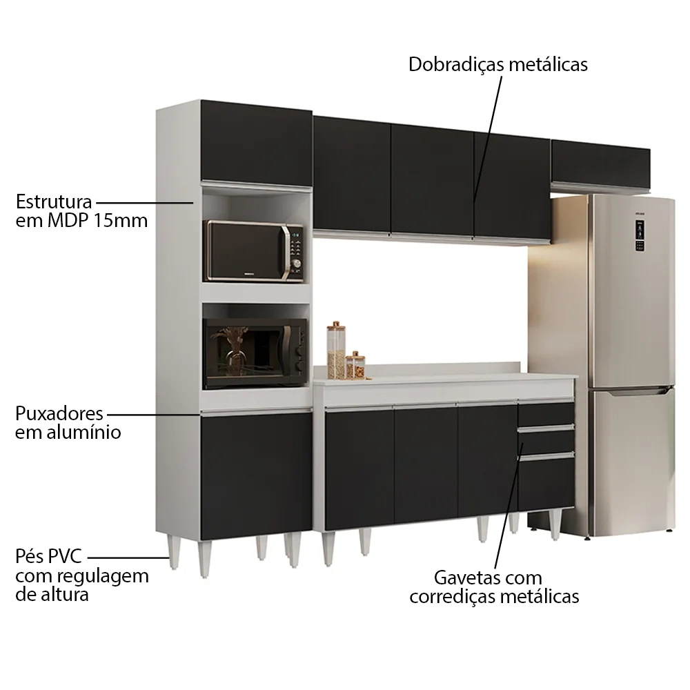 Armário de Cozinha Modulada 4 Peças CP11 Balcão com Tampo Branco/Preto - Lumil