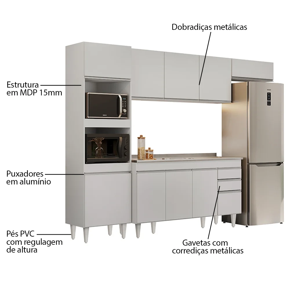 Armário de Cozinha Modulada 4 Peças CP12 Balcão com Pia Inox Branco - Lumil