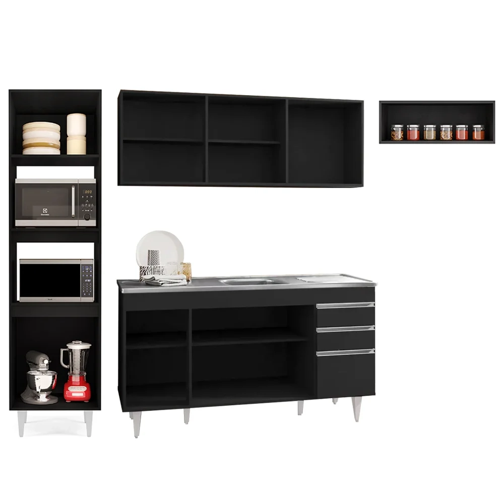 Armário de Cozinha Modulada 4 Peças CP12 Balcão com Pia Inox Preto - Lumil