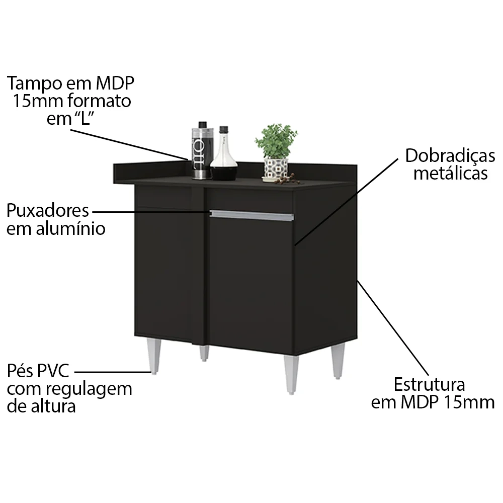 Balcão de Canto Reto com Tampo 1 Porta Denver Preto - Lumil