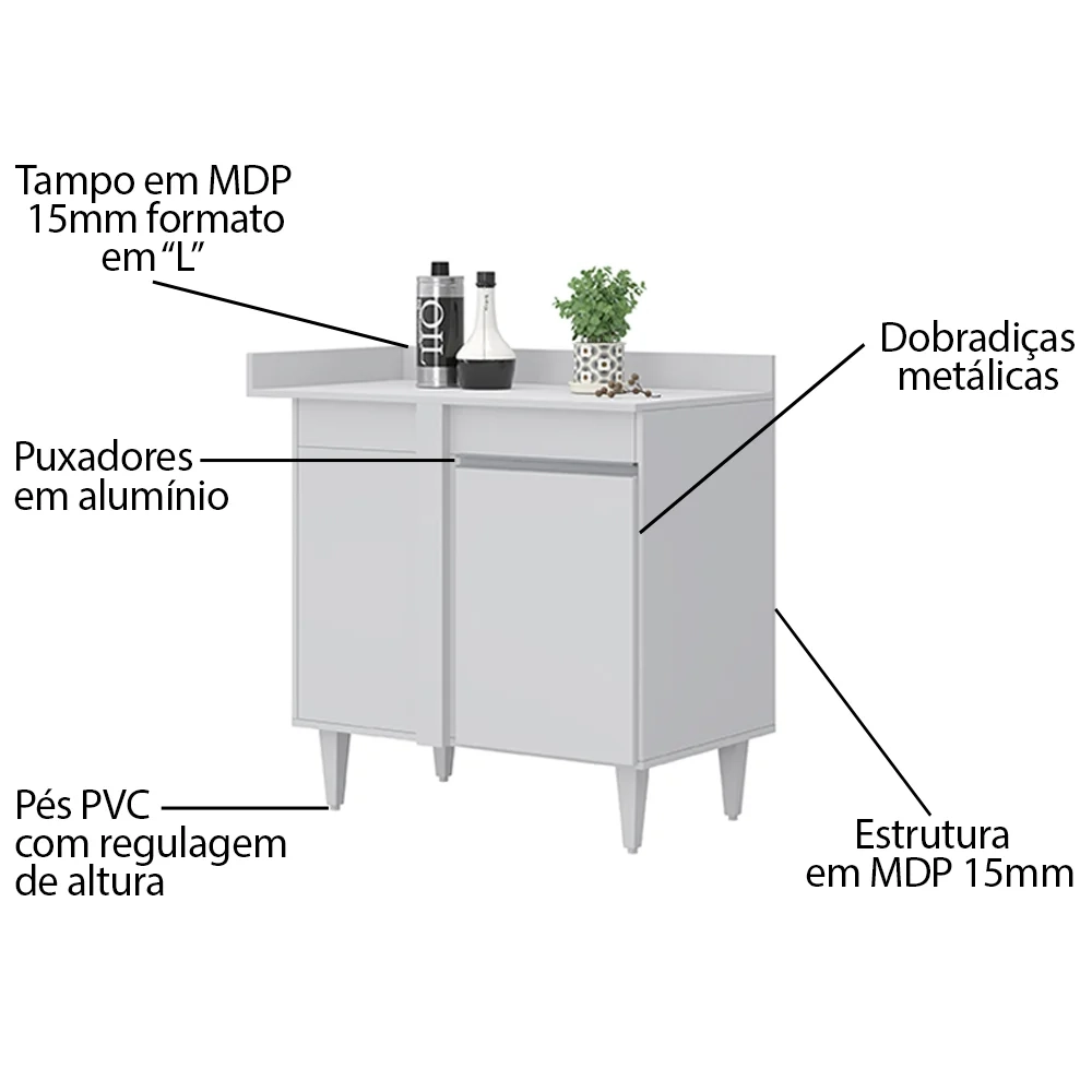 Balcão de Canto Reto com Tampo 1 Porta Denver Branco - Lumil