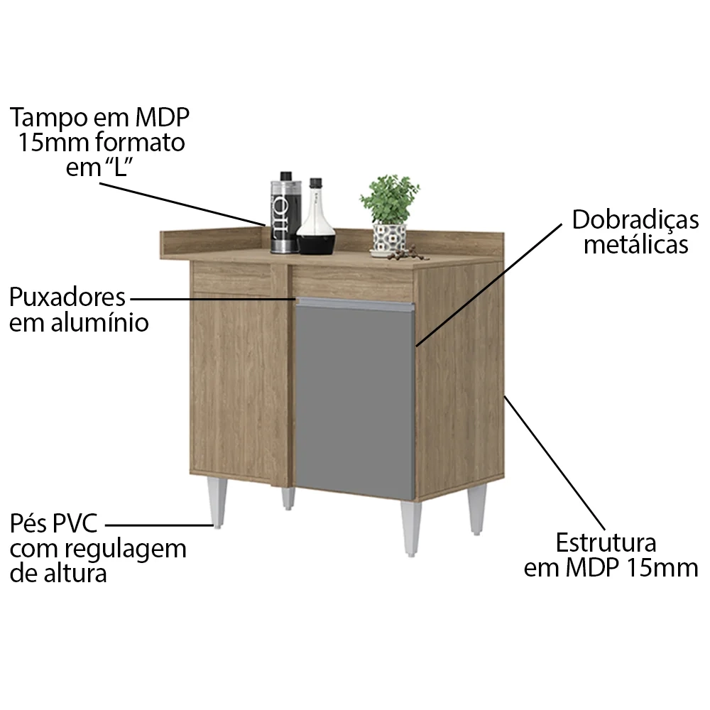 Balcão de Canto Reto com Tampo 1 Porta Denver Castanho/Cinza - Lumil