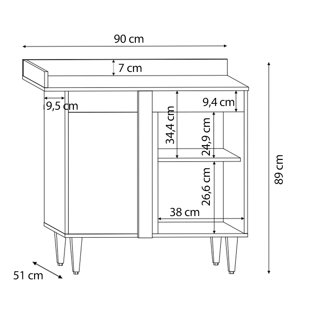 Balcão de Canto Reto com Tampo 1 Porta Denver Branco/Preto - Lumil