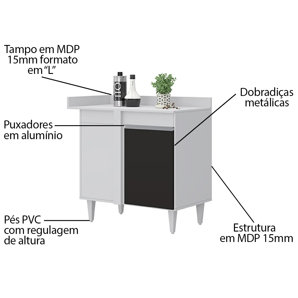 Balcão de Canto Reto com Tampo 1 Porta Denver Branco/Preto - Lumil