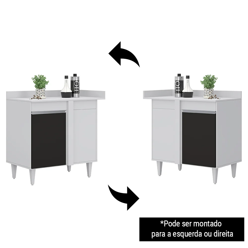 Balcão de Canto Reto com Tampo 1 Porta Denver Branco/Preto - Lumil