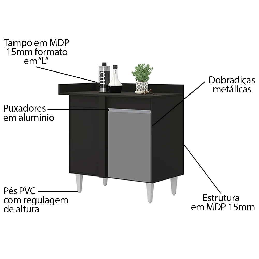 Balcão de Canto Reto com Tampo 1 Porta Denver Preto/Cinza - Lumil