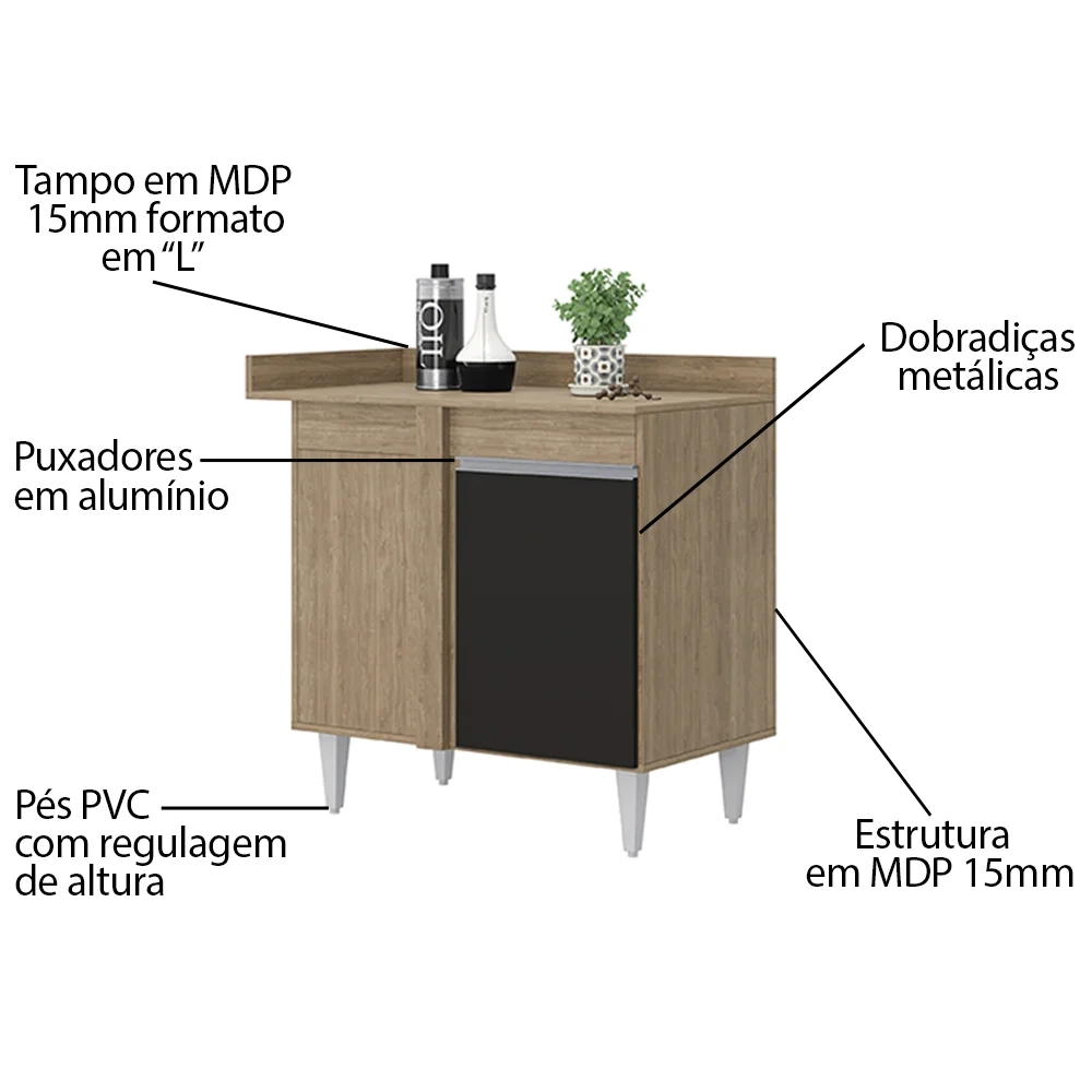 Balcão de Canto Reto com Tampo 1 Porta Denver Castanho/Preto - Lumil