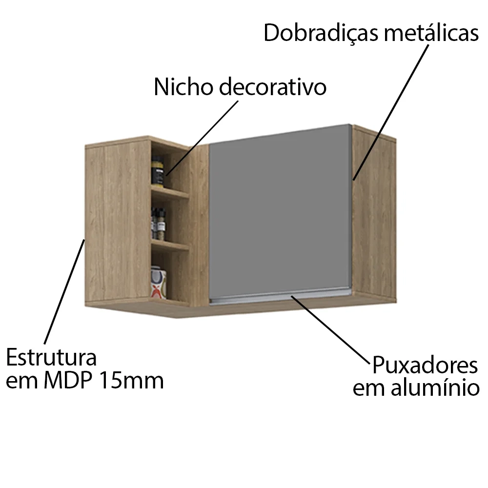 Armário Aéreo de Canto Reto Com Nicho Adega Austin Castanho/Cinza - Lumil