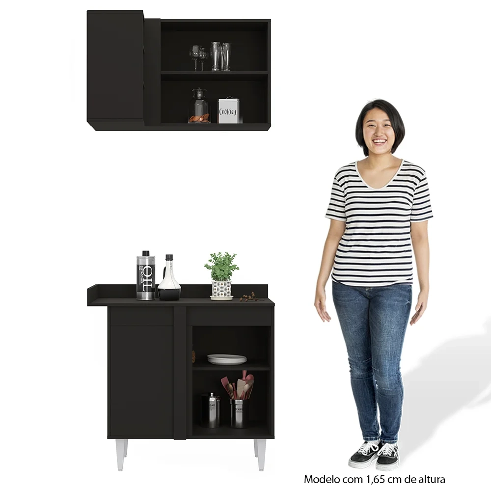 Balcão 1 Porta Denver e Armário Aéreo Austin de Canto Preto - Lumil