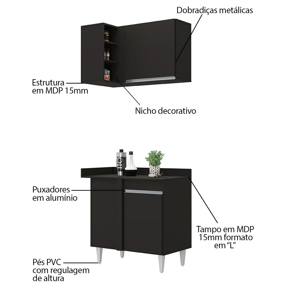 Balcão 1 Porta Denver e Armário Aéreo Austin de Canto Preto - Lumil