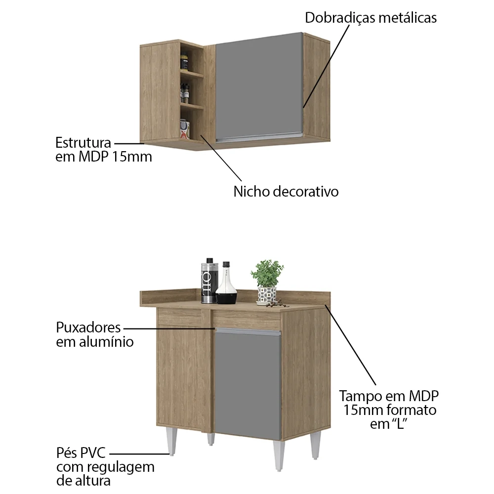 Balcão 1 Porta Denver e Armário Aéreo Austin de Canto Castanho/Cinza - Lumil