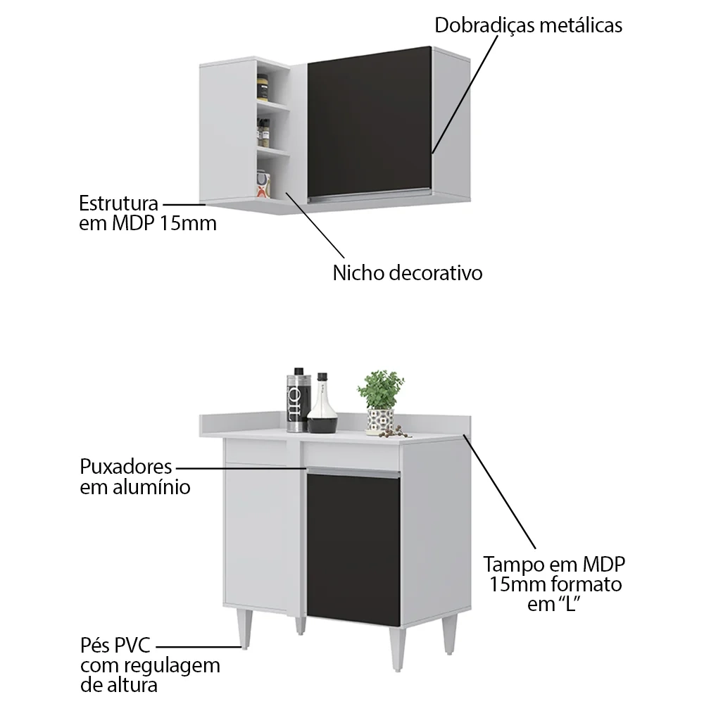 Balcão 1 Porta Denver e Armário Aéreo Austin de Canto Branco/Preto - Lumil