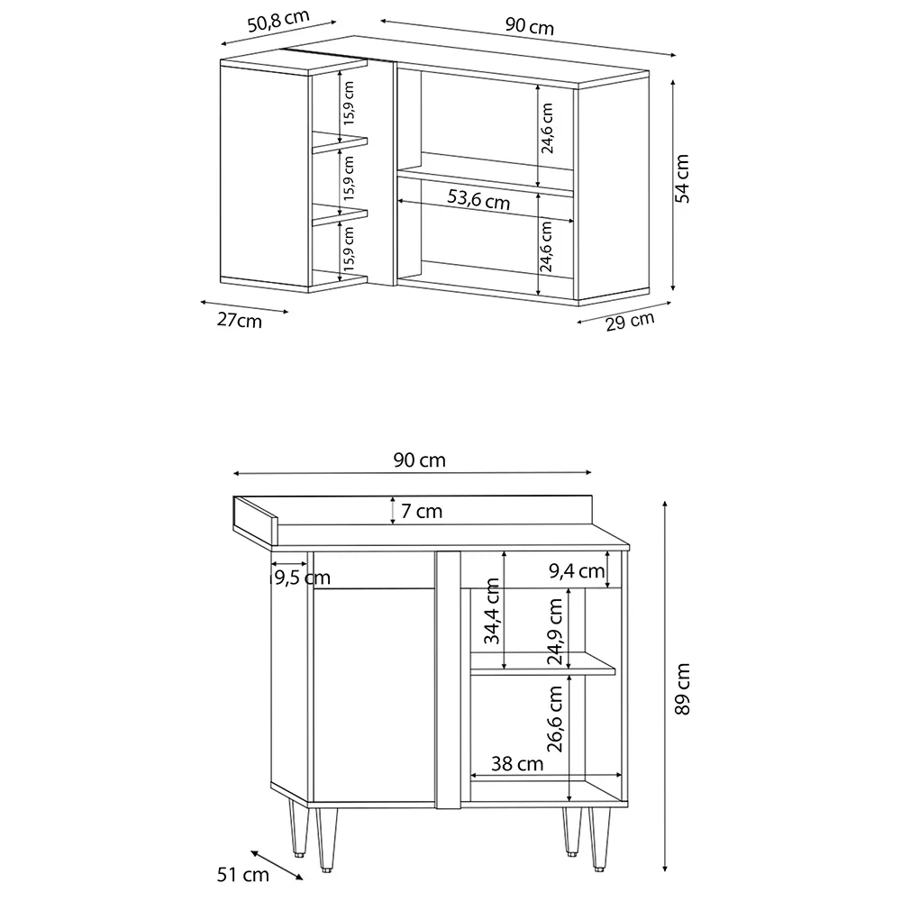 Balcão 1 Porta Denver e Armário Aéreo Austin de Canto Preto/Cinza - Lumil