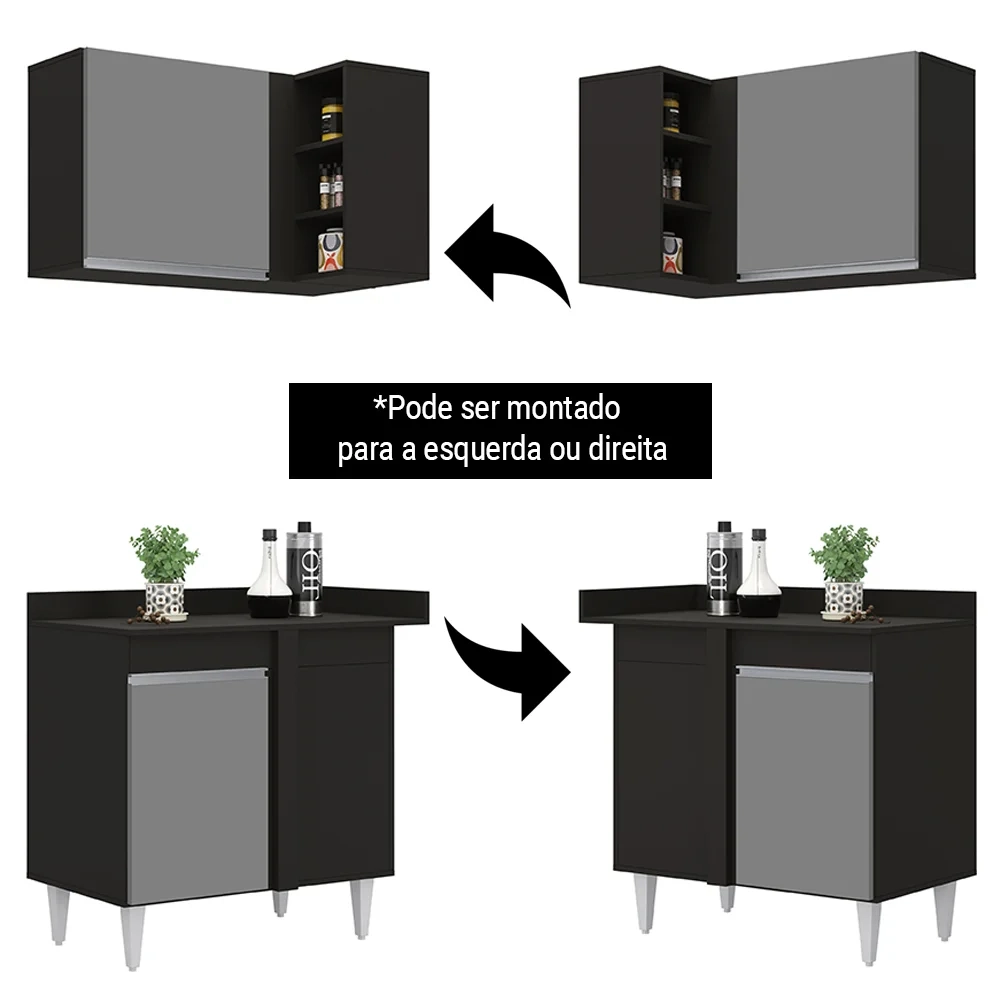 Balcão 1 Porta Denver e Armário Aéreo Austin de Canto Preto/Cinza - Lumil