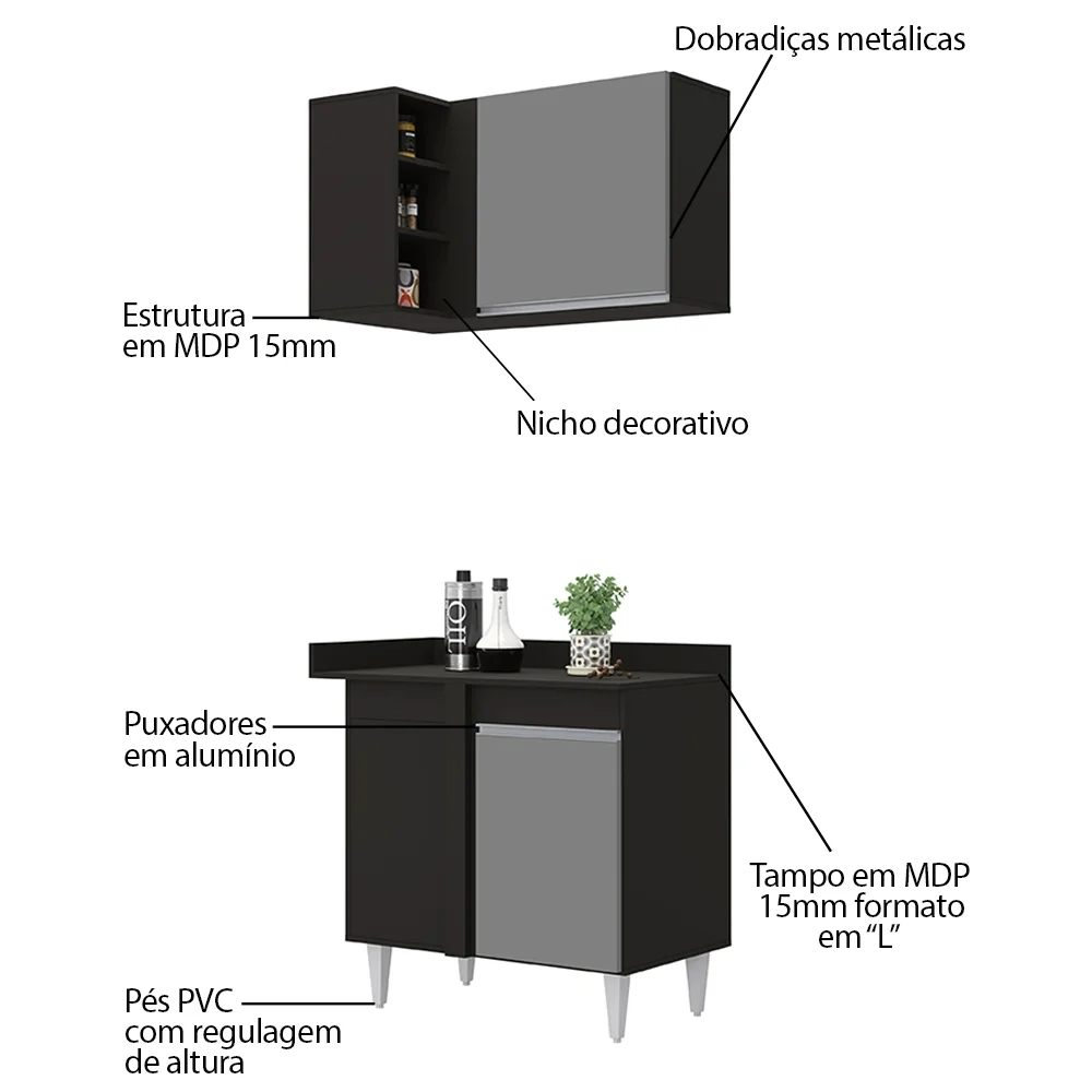 Balcão 1 Porta Denver e Armário Aéreo Austin de Canto Preto/Cinza - Lumil