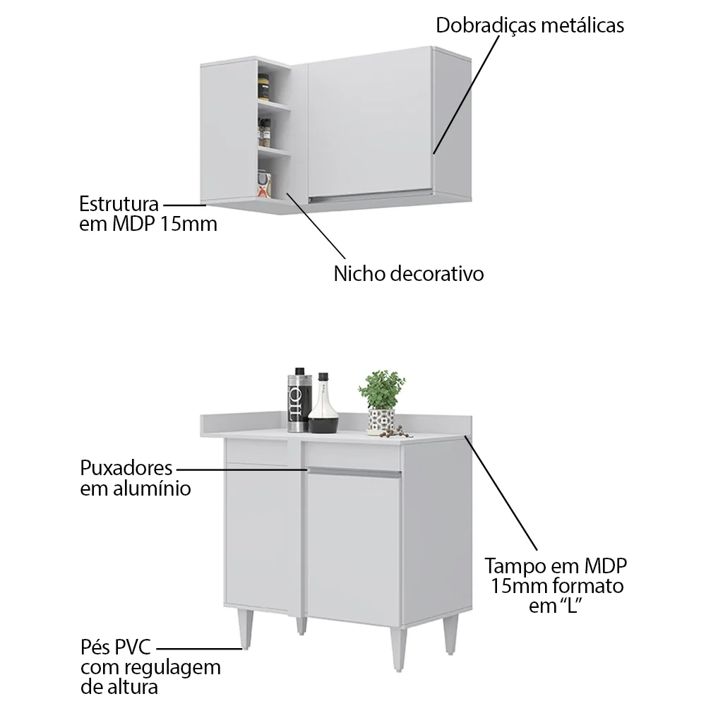 Balcão 1 Porta Denver e Armário Aéreo Austin de Canto Branco - Lumil