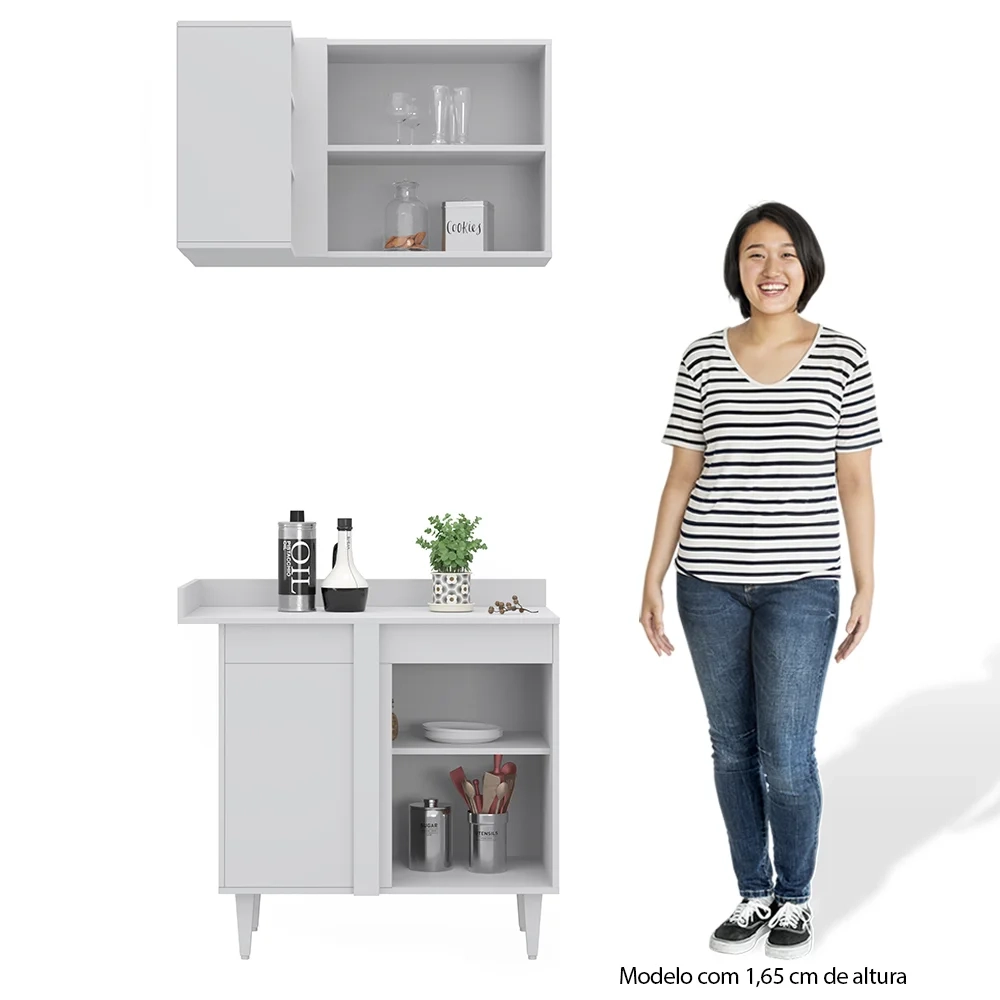 Balcão 1 Porta Denver e Armário Aéreo Austin de Canto Branco - Lumil