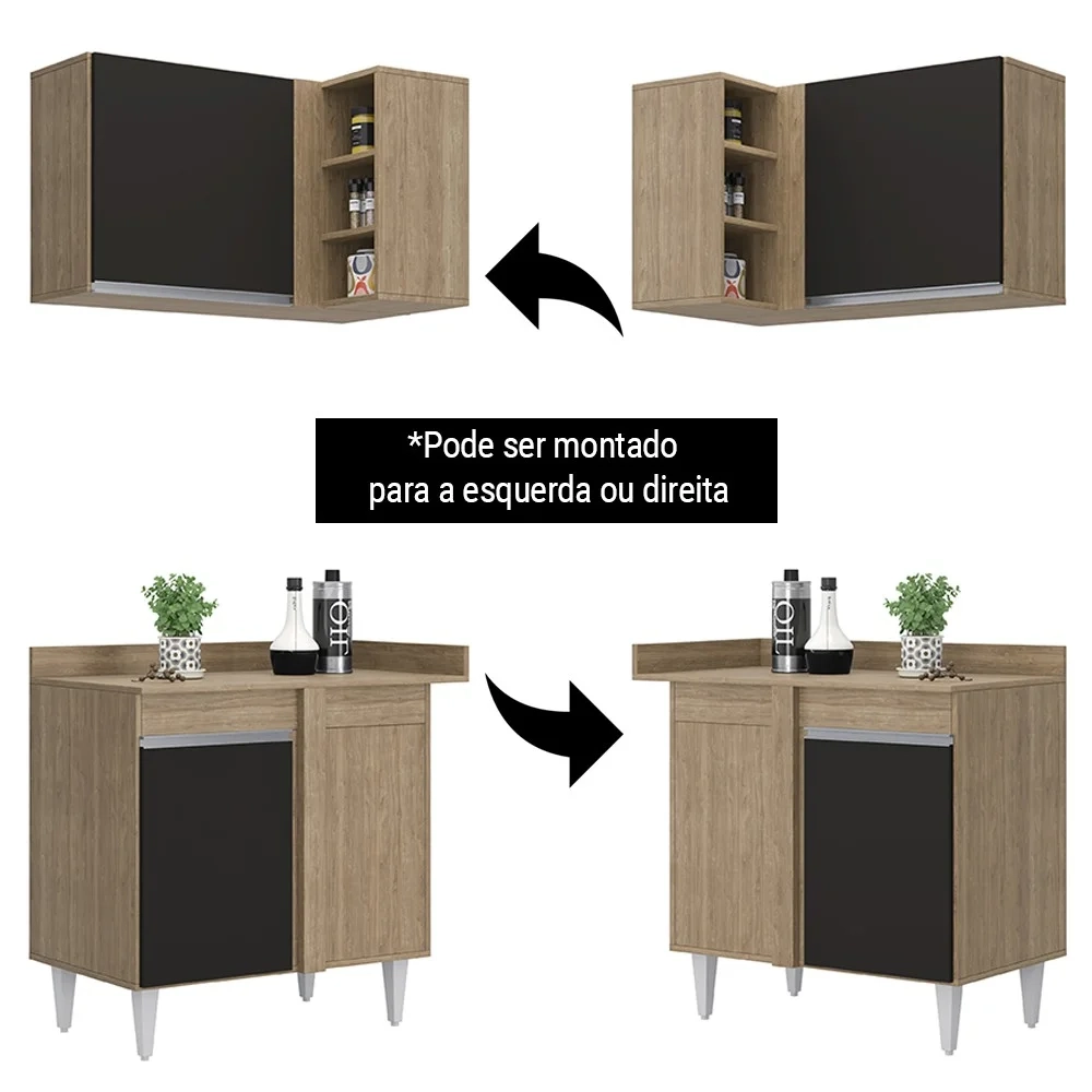 Balcão 1 Porta Denver e Armário Aéreo Austin de Canto Castanho/Preto - Lumil