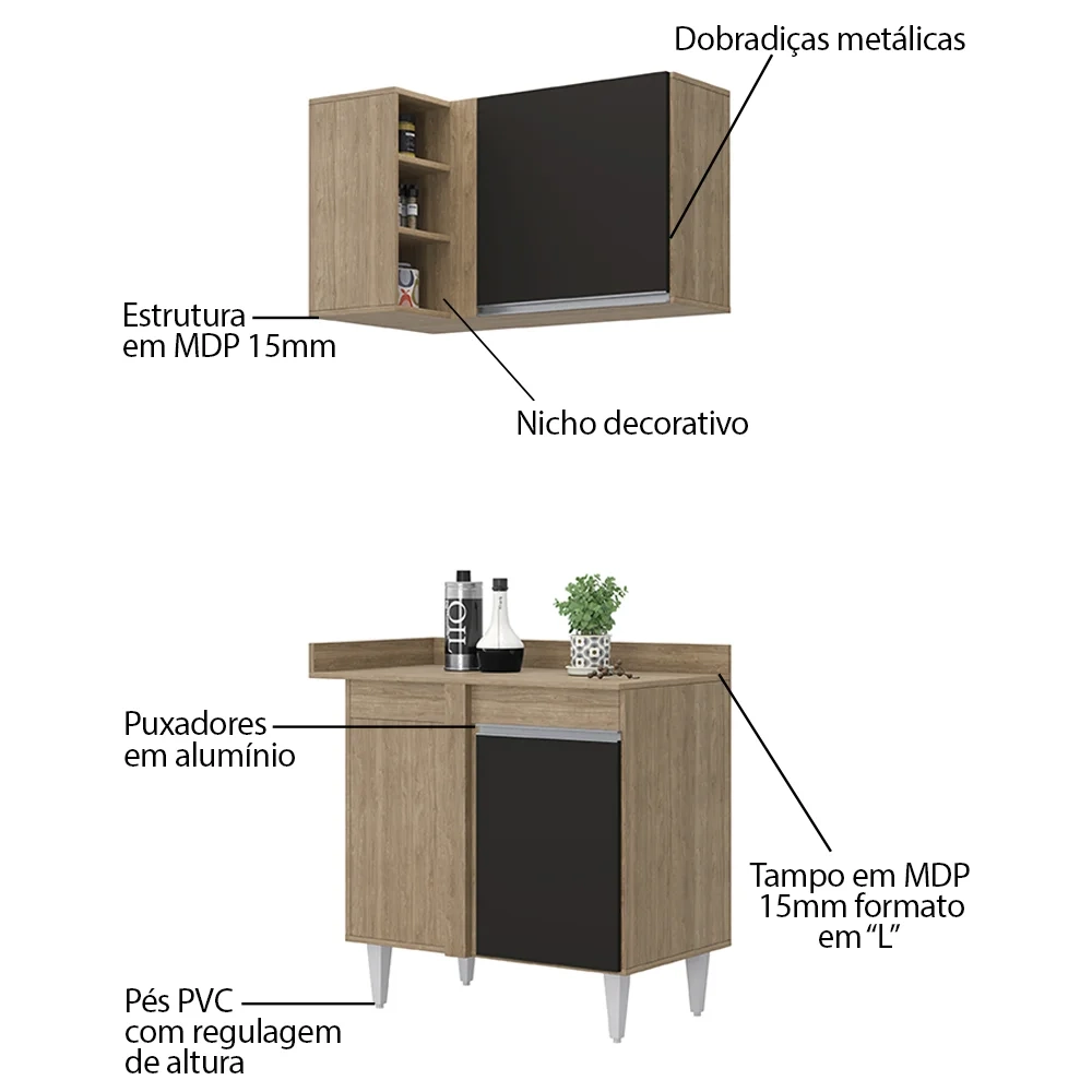 Balcão 1 Porta Denver e Armário Aéreo Austin de Canto Castanho/Preto - Lumil