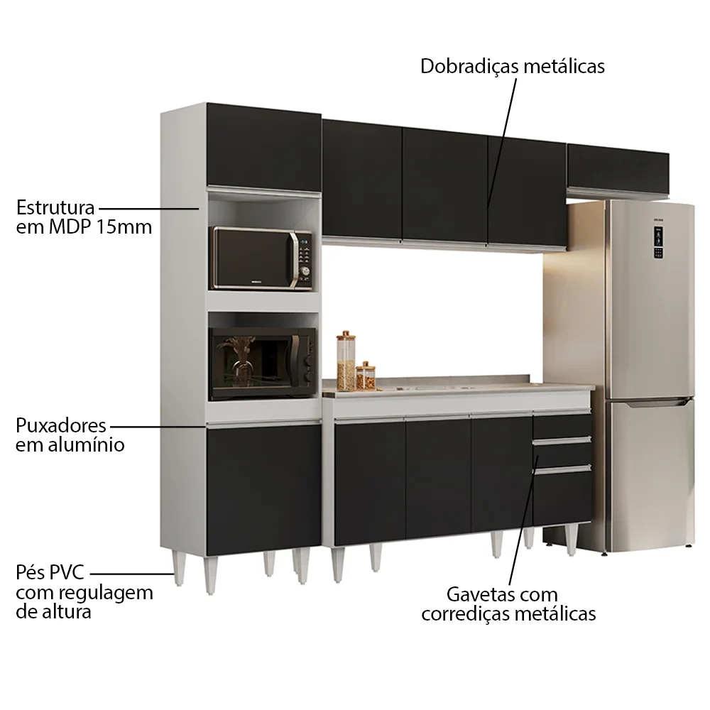 Armário de Cozinha Modulada 4 Peças CP12 Balcão com Pia Inox Branco/Preto - Lumil