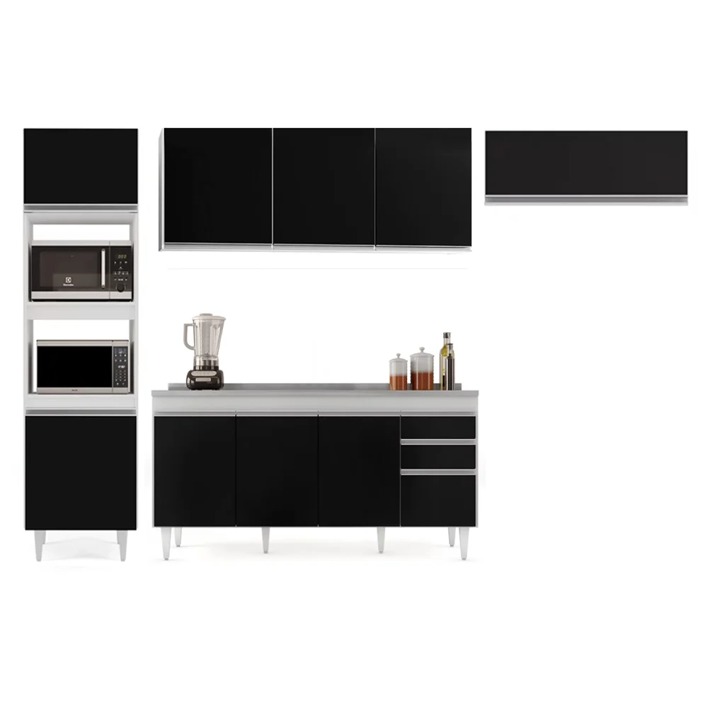 Armário de Cozinha Modulada 4 Peças CP12 Balcão com Pia Inox Branco/Preto - Lumil