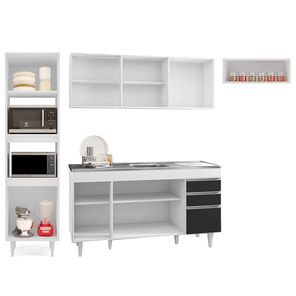 Armário de Cozinha Modulada 4 Peças CP12 Balcão com Pia Inox Branco/Preto - Lumil