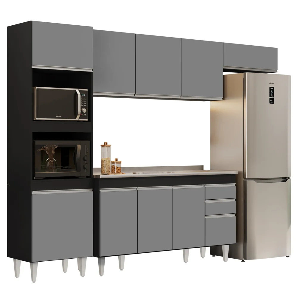 Armário de Cozinha Modulada 4 Peças CP12 Balcão com Pia Inox Preto/Cinza - Lumil