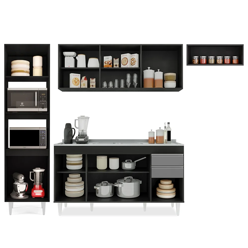 Armário de Cozinha Modulada 4 Peças CP12 Balcão com Pia Inox Preto/Cinza - Lumil