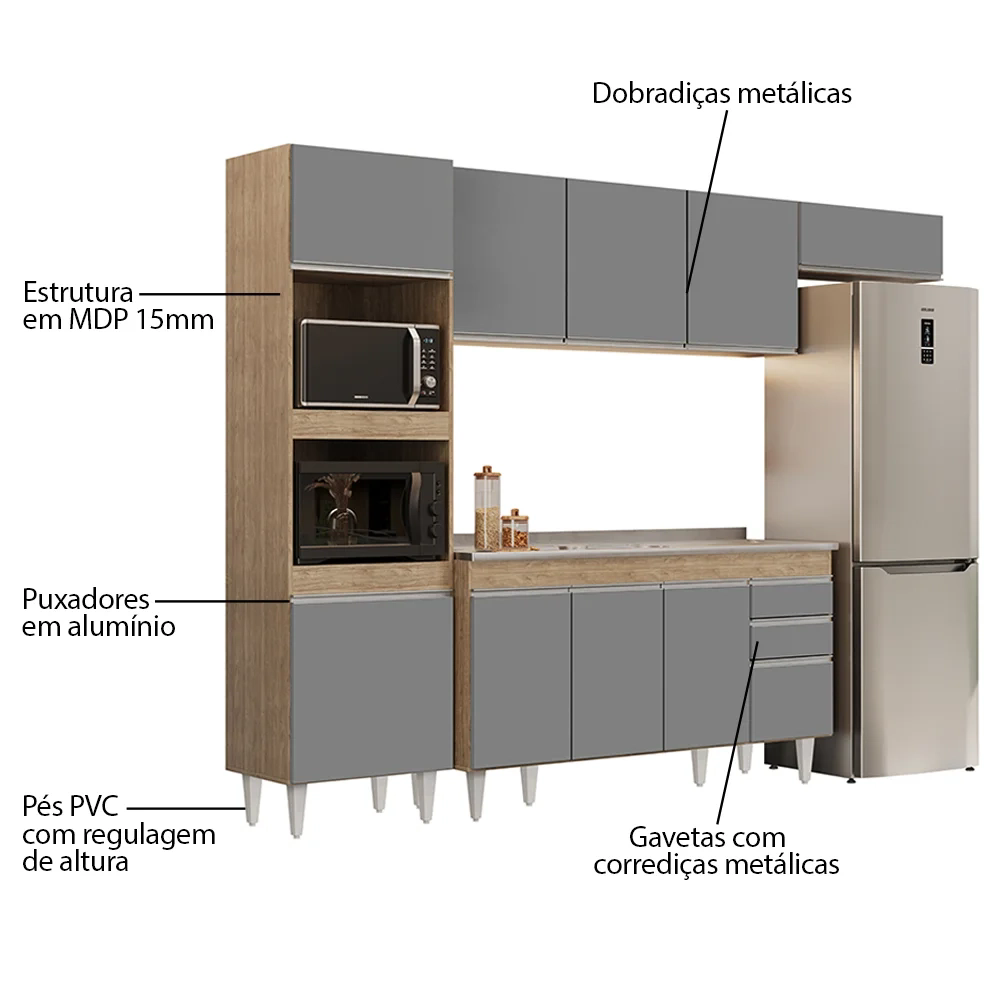 Armário de Cozinha Modulada 4 Peças CP12 Balcão com Pia Inox Castanho/Cinza - Lumil