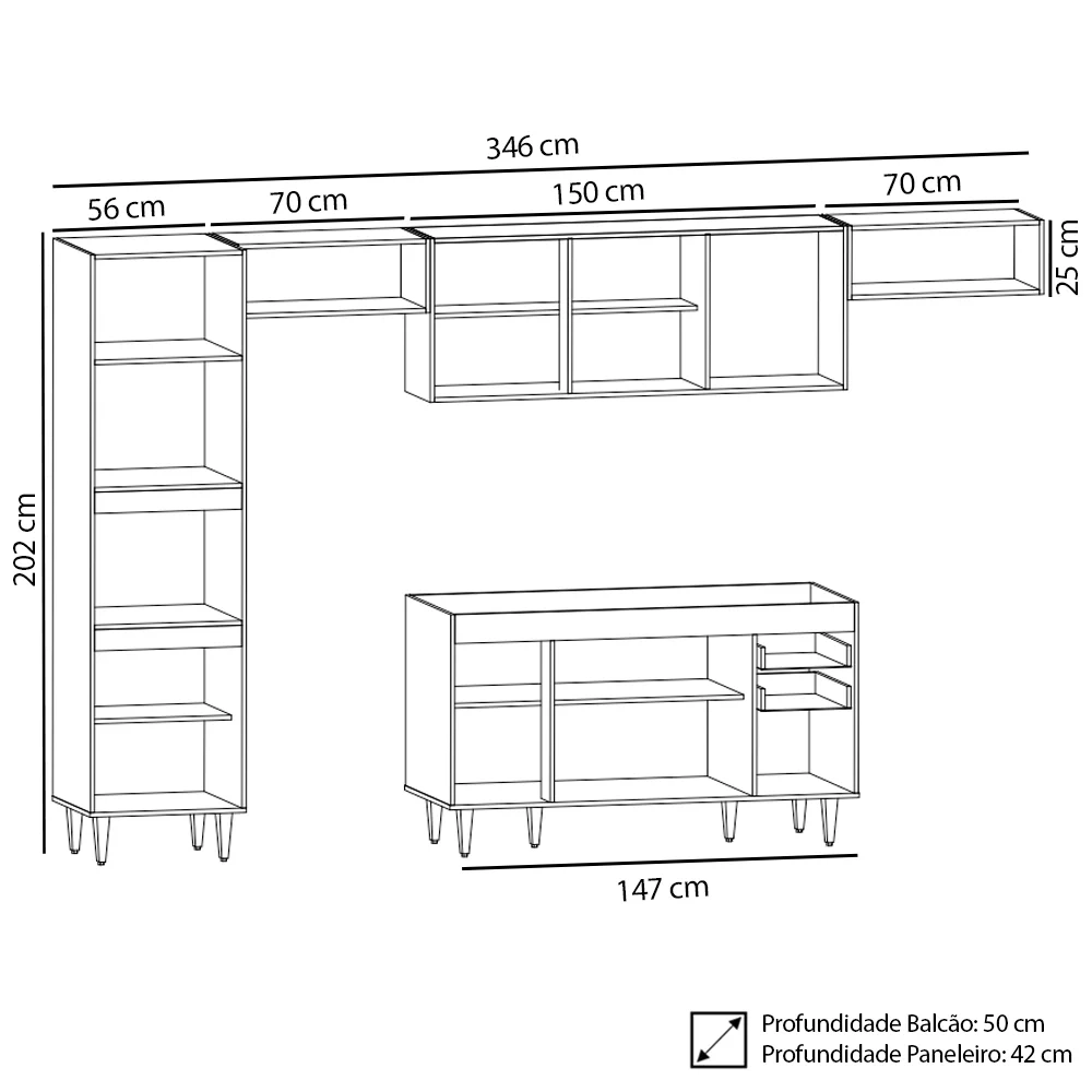 Armário de Cozinha Modulada 5 Peças CP13 Balcão Preto - Lumil
