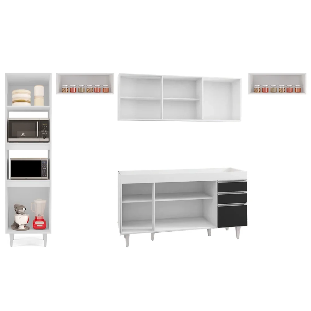Armário de Cozinha Modulada 5 Peças CP13 Balcão Branco/Preto - Lumil