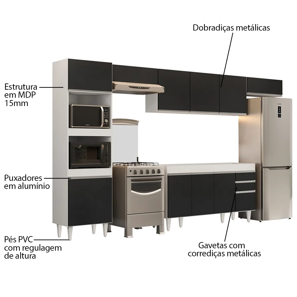 Armário de Cozinha Modulada 5 Peças CP13 Balcão Branco/Preto - Lumil