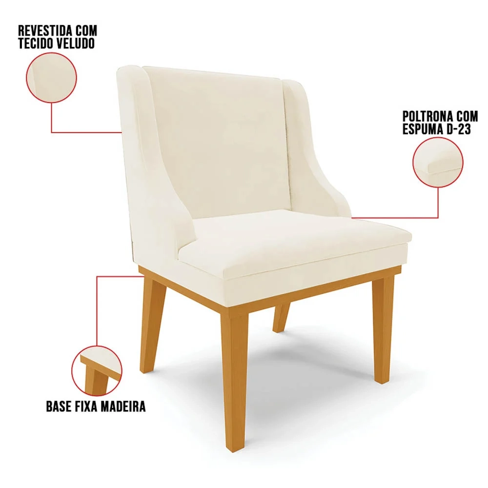 Kit 8 Cadeiras Estofadas para Sala de Jantar Base Fixa de Madeira Castanho Lia Veludo Bege - Ibiza