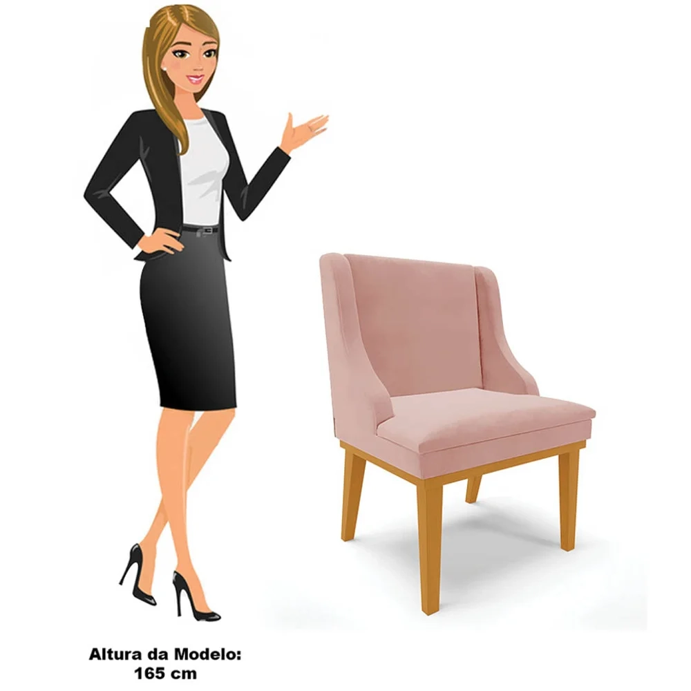 Kit 8 Cadeiras Estofadas para Sala de Jantar Base Fixa de Madeira Castanho Lia Veludo Rosê - Ibiza