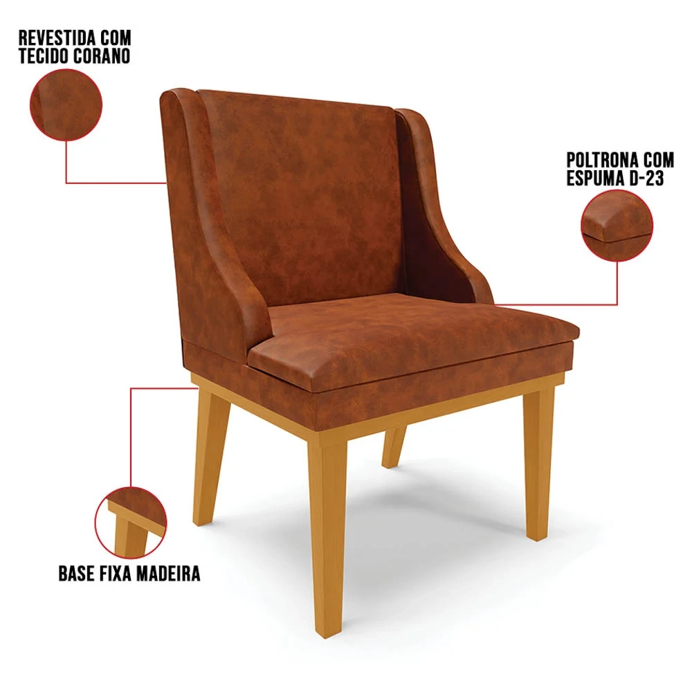 Kit 2 Cadeiras Estofadas Base Fixa de Madeira Castanho Lia Sintético Premium Nozes - Ibiza