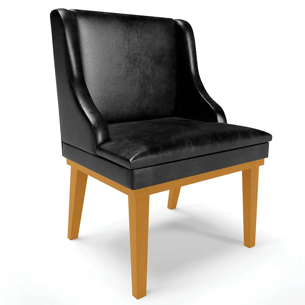 Kit 2 Cadeiras Estofadas Base Fixa de Madeira Castanho Lia Sintético Premium Preto - Ibiza