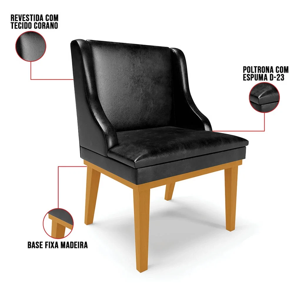 Kit 4 Cadeiras Estofadas Base Fixa de Madeira Castanho Lia Sintético Premium Preto - Ibiza