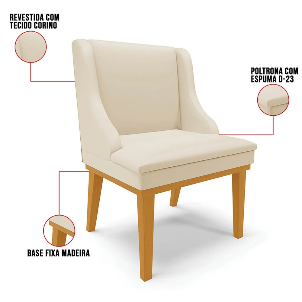 Kit 4 Cadeiras Estofadas Sala de Jantar Base Fixa de Madeira Castanho Lia Sintético Bege - Ibiza