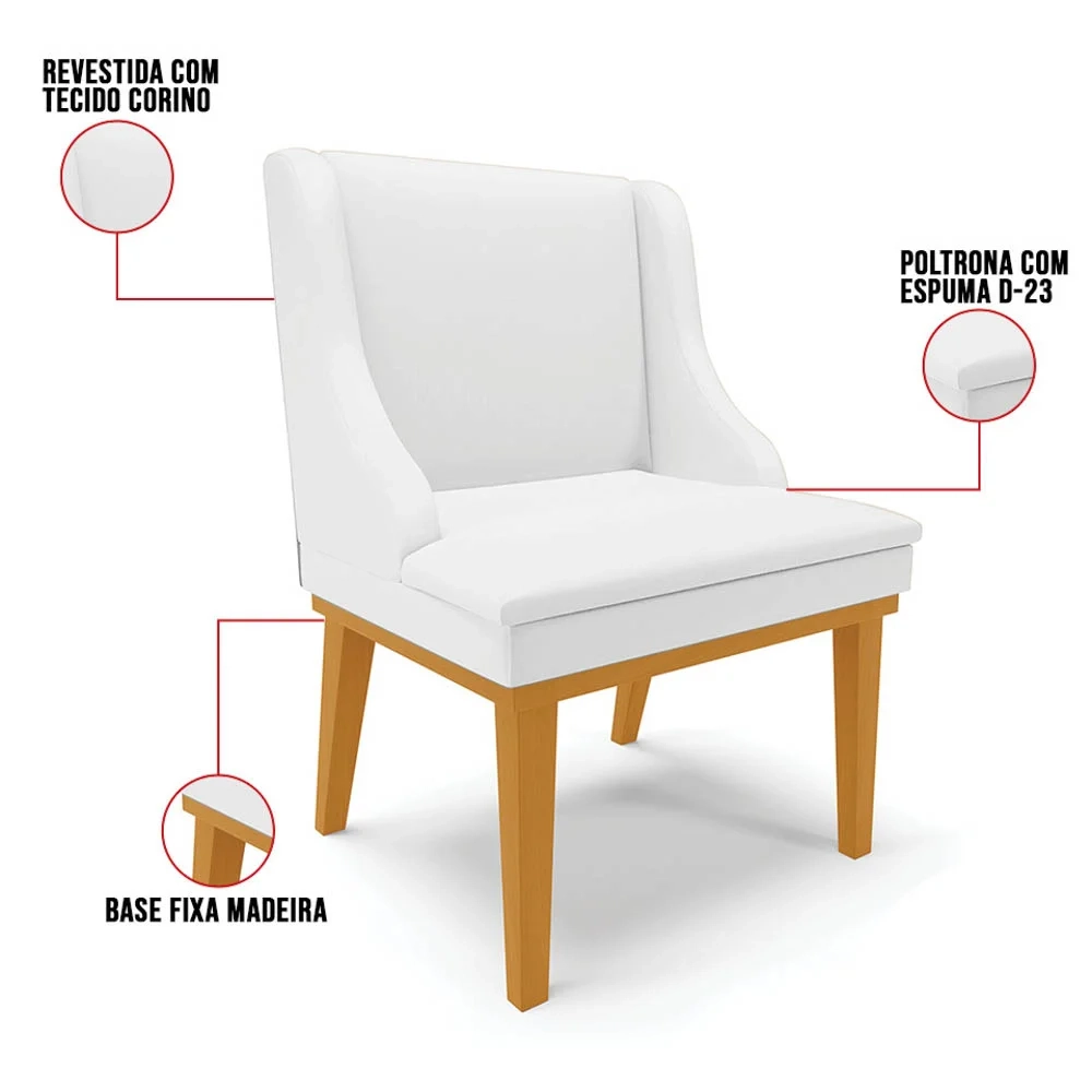 Kit 4 Cadeiras Estofadas Sala de Jantar Base Fixa de Madeira Castanho Lia Sintético Branco - Ibiza